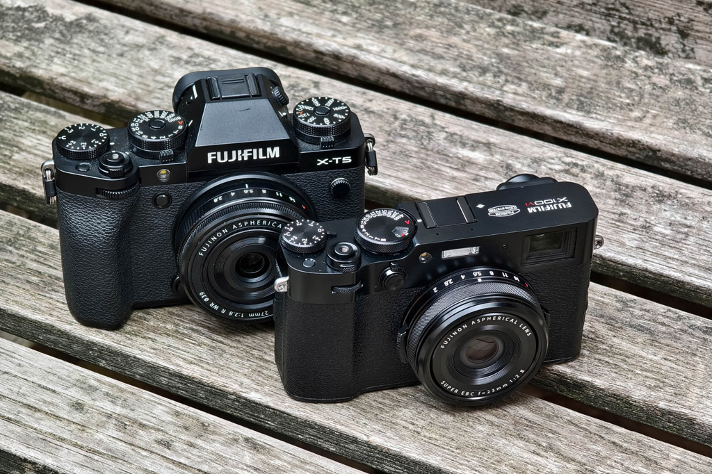The Fujifilm X100 VI in front of the X-T5.