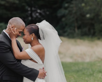 Wedding photograph of a bride and groom face to face