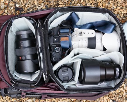 Peak Design Outdoor Backpack 25L interior with camera cubes and kit.